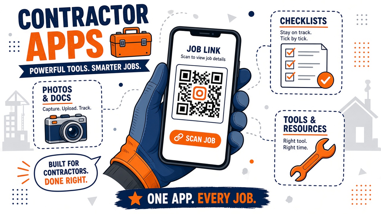 Illustration splitting contractor apps into drawings, leads, and the job record.