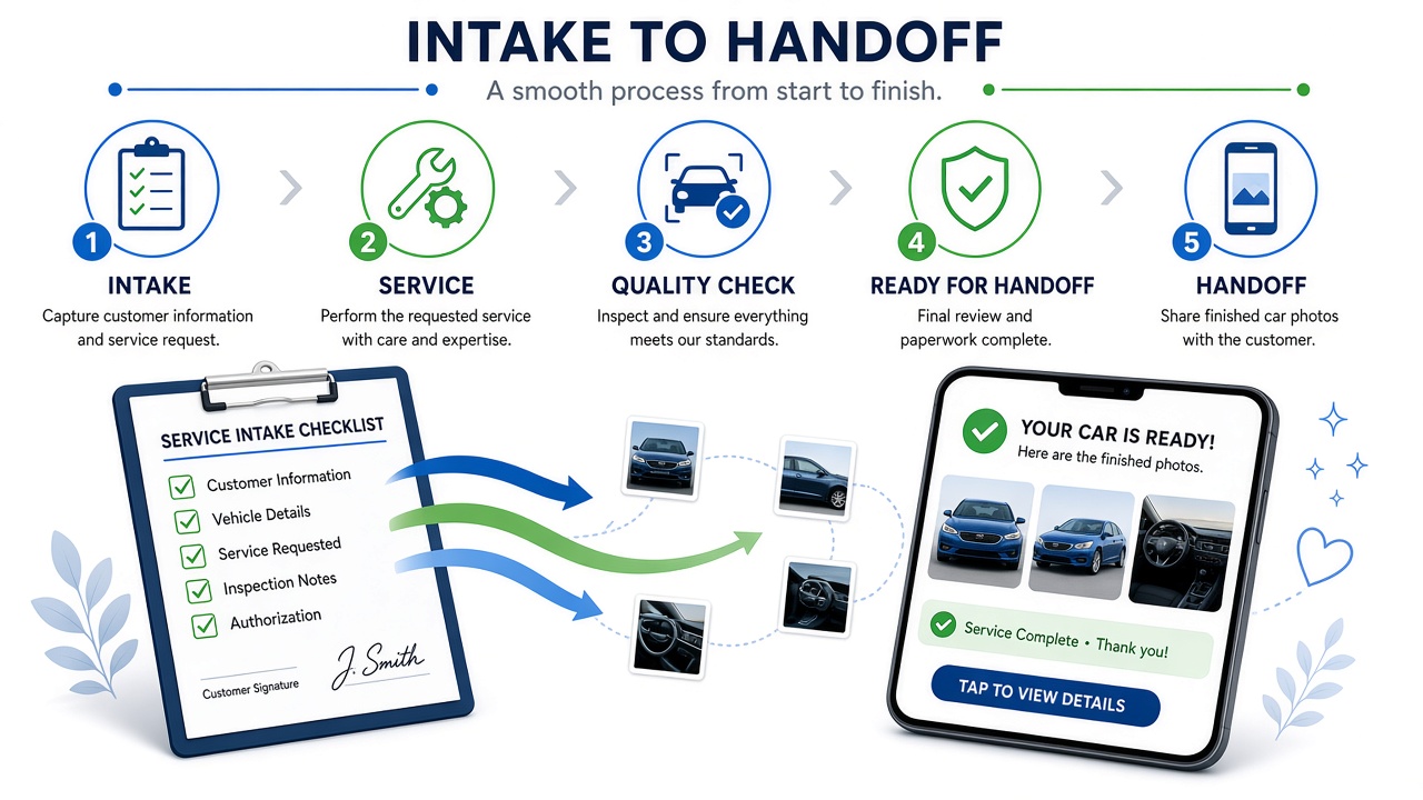 Illustration of intake, correction, and handoff steps with before-and-after panels on a job link.