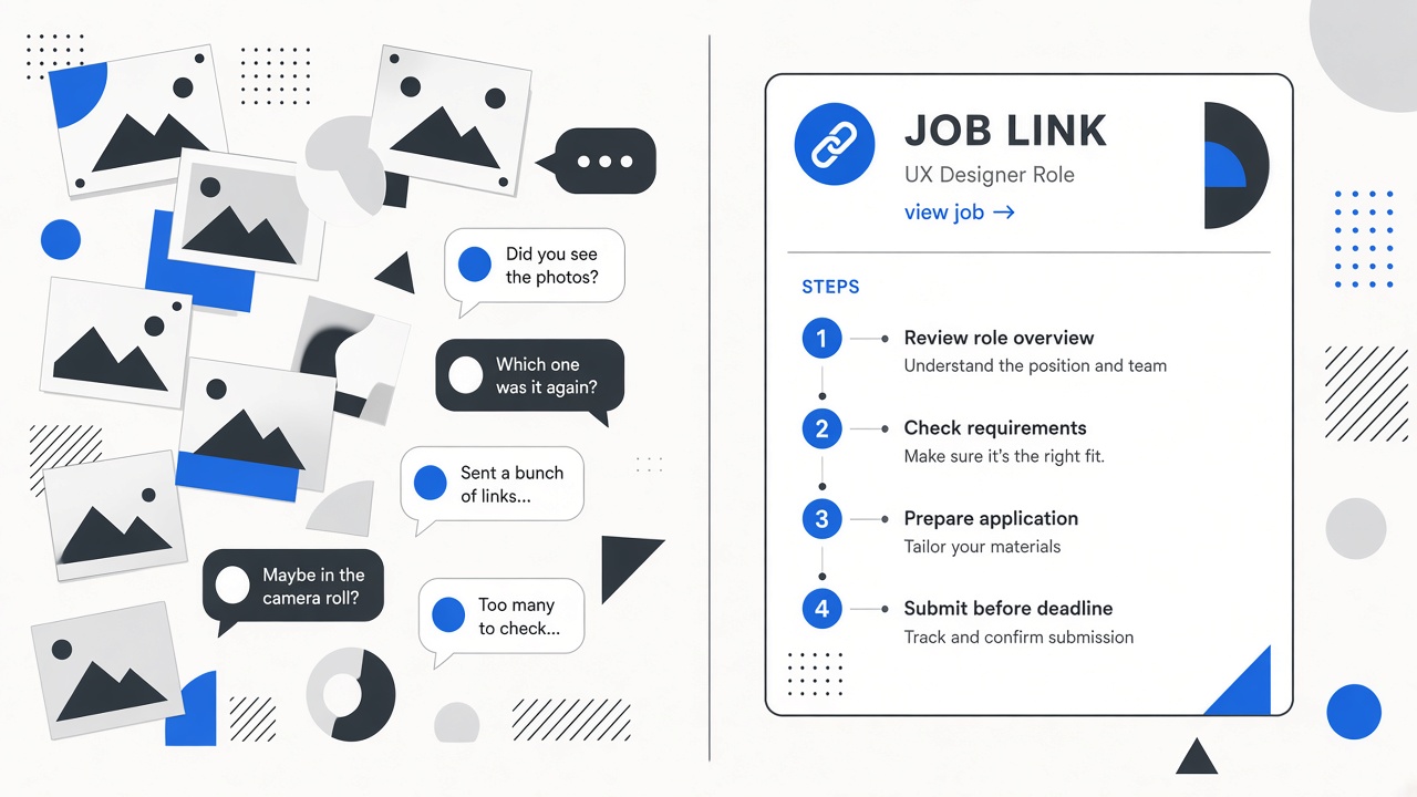 Illustration comparing a messy group chat thread with a clean customer job link card.