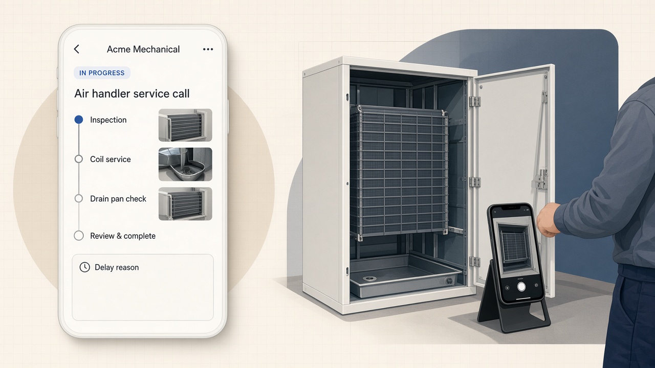 Phone job page next to an open air handler — coil photos on the customer link, not a design diagram.