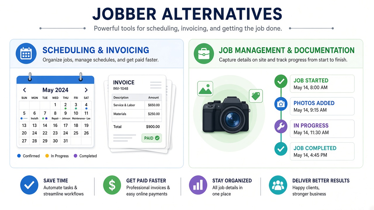 Illustration of Jobber alternative searches split between suite swap and customer job link.