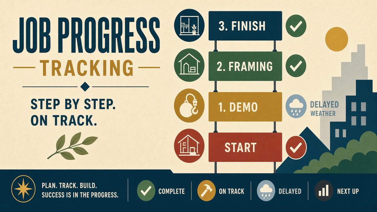 Illustration of ordered job steps with status badges on a customer progress timeline.