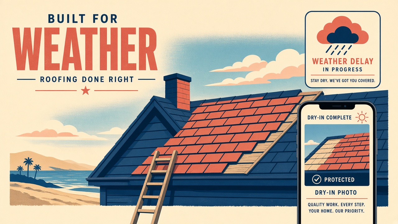 Illustration contrasting roofing CRM pipelines with deck photos on a customer job link.