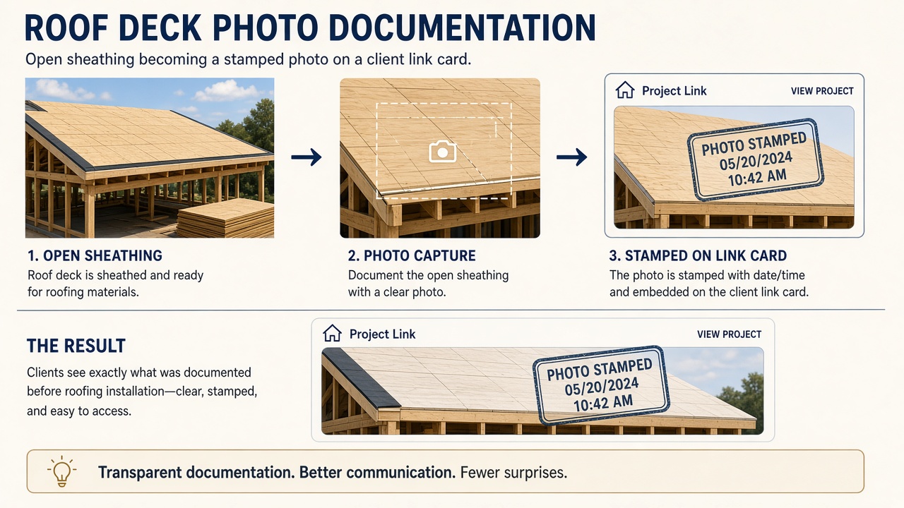 Illustration of decking and dry-in photos on a roofing job timeline with a weather delay note.