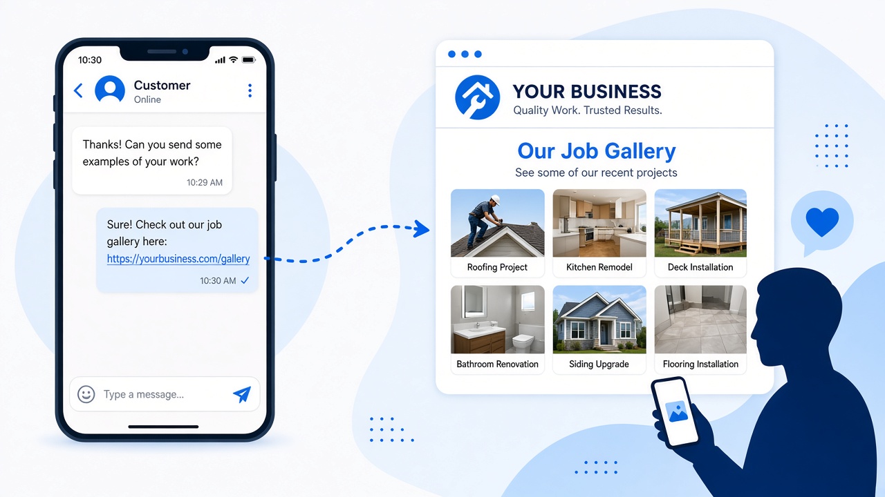 Illustration of copy link, QR code, and SMS draft options to share a job page.