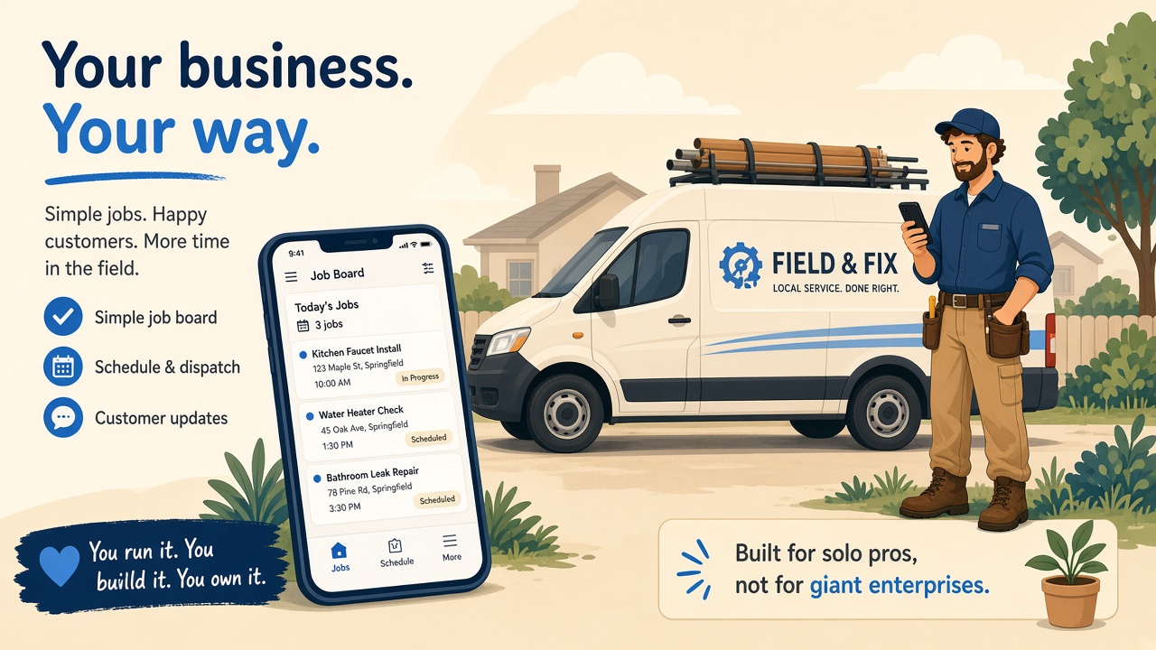 Illustration of a small crew with a service van and a phone showing a customer job link.