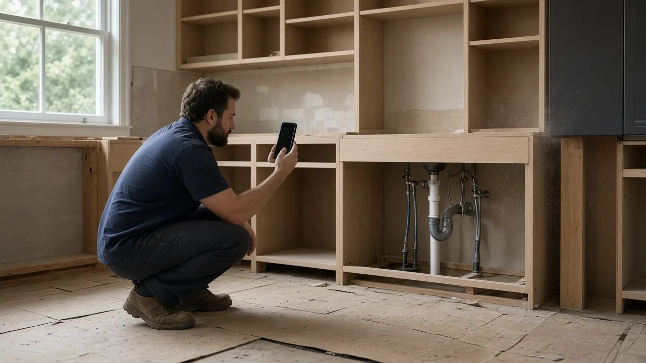 During a kitchen remodel, a contractor photographs exposed supply lines and a drain under cabinet boxes.