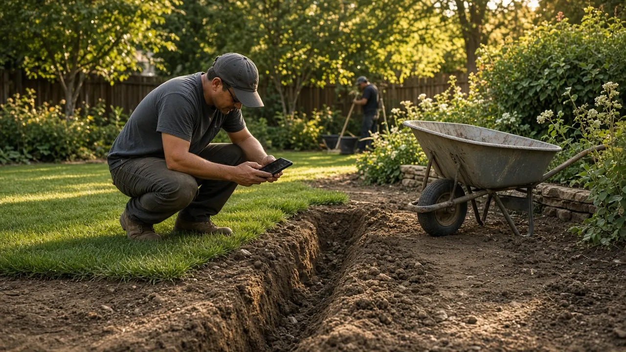 A landscaper photographs an open trench beside fresh sod, with a wheelbarrow nearby.