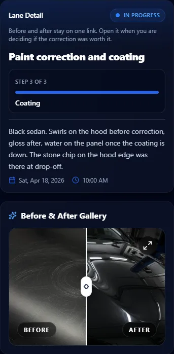 Phone screenshot of a Lane Detail paint correction job: in progress on coating, with a before-and-after of swirls and gloss on the hood.