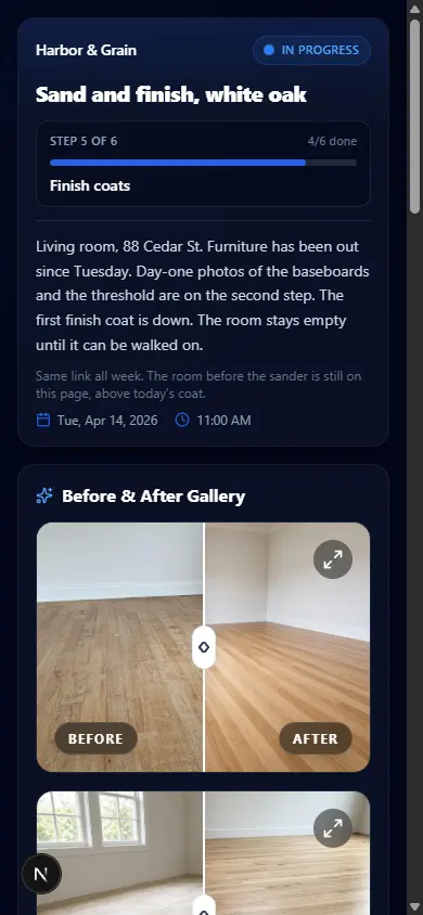 Phone screenshot of a hardwood floor job, step 5 of 6, with a before-and-after of the unfinished floor and the finished oak.