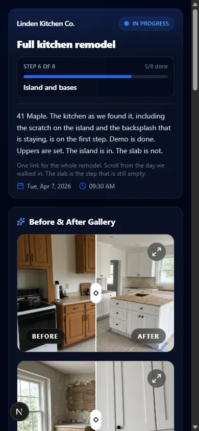 Phone screenshot of a kitchen remodel job page: company name, step 6 of 8, a short description, and a before-and-after of the kitchen.