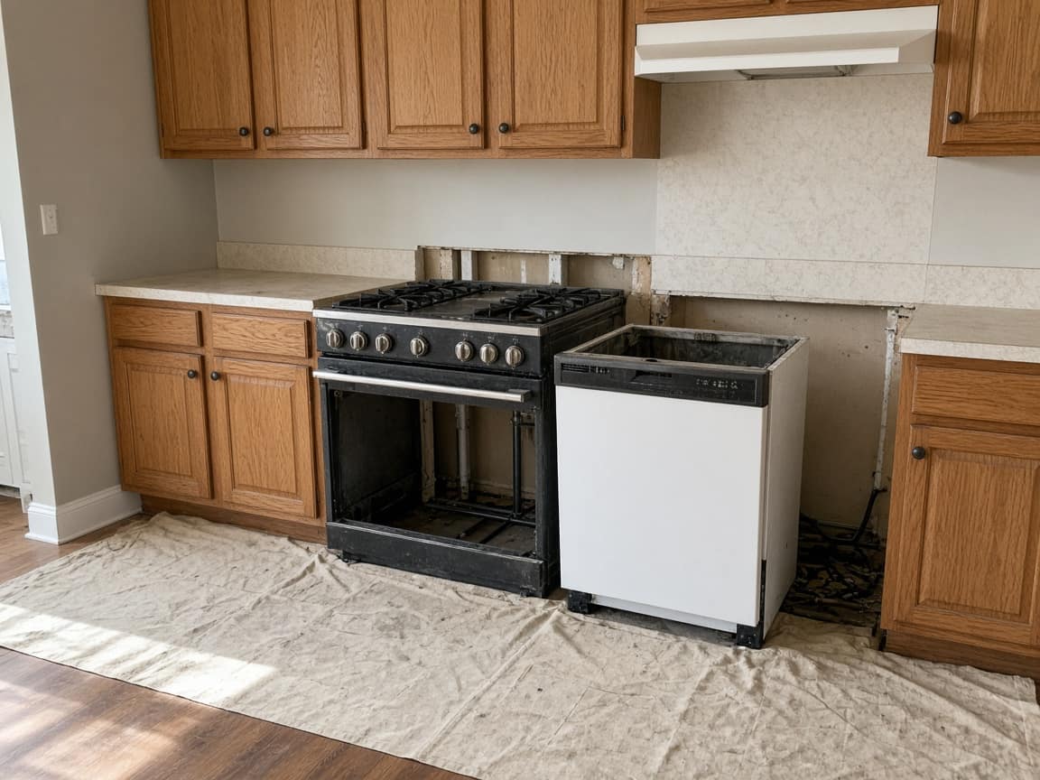 Range and dishwasher pulled out