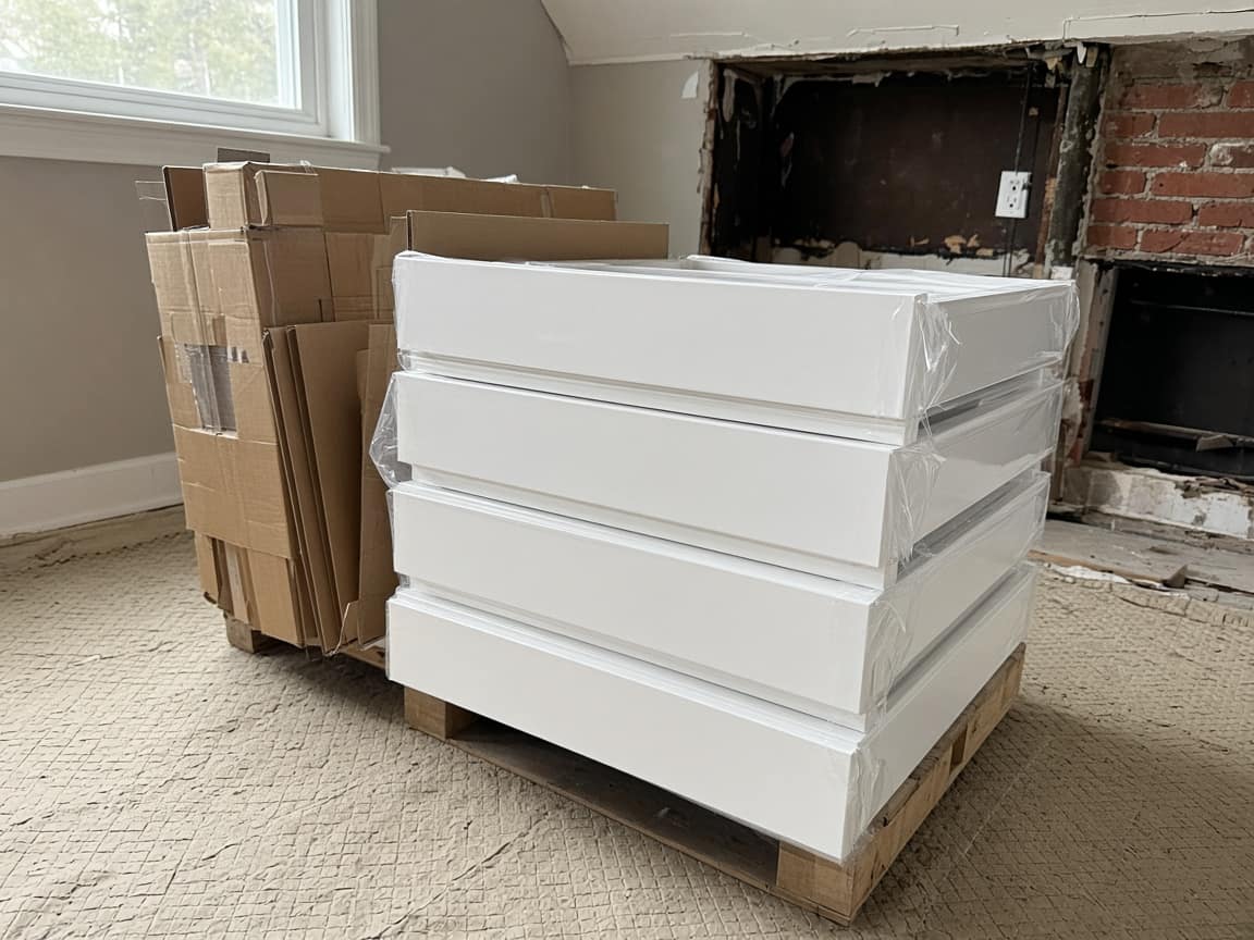 New cabinet boxes stacked in the kitchen