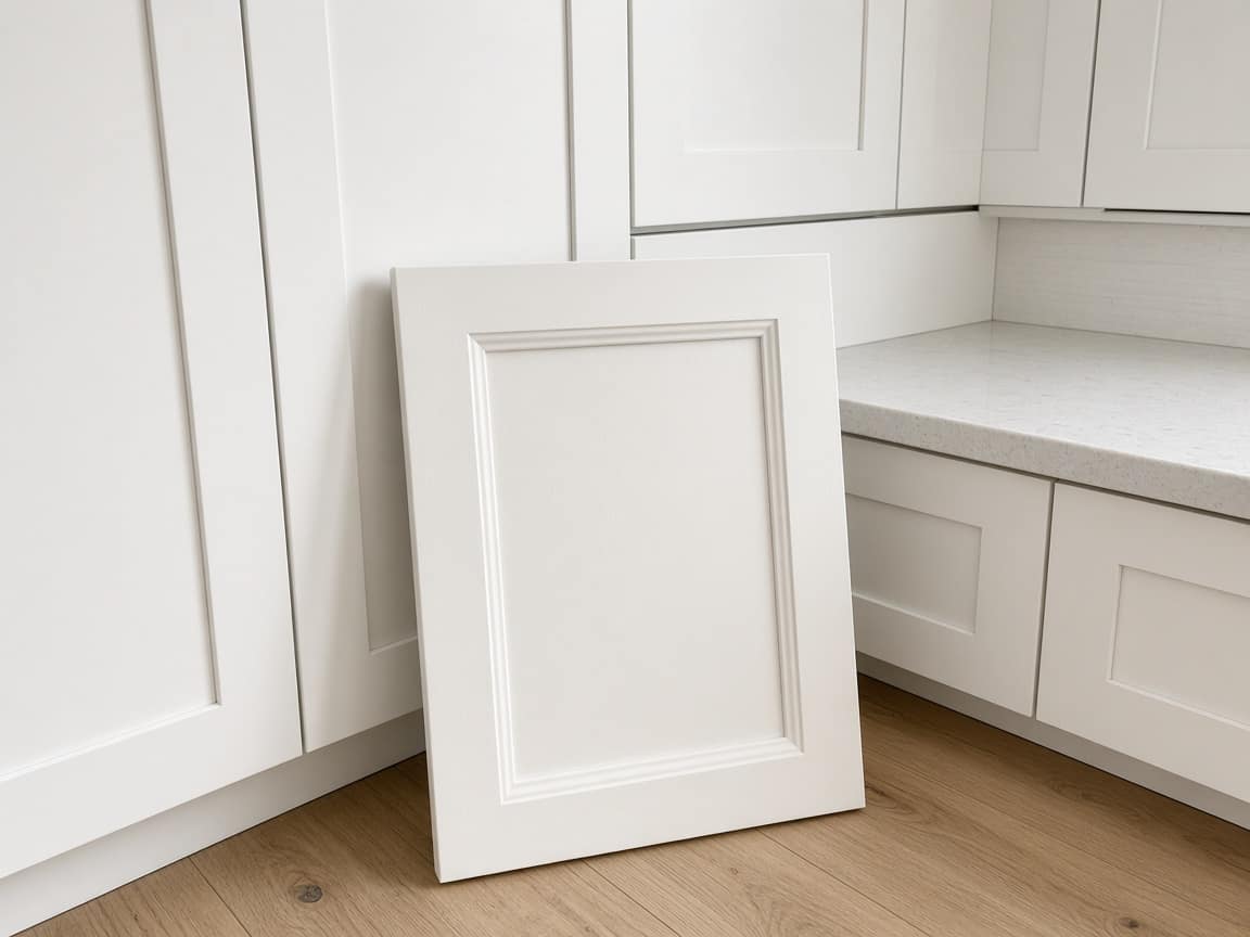 Shaker door sample against the new cabinets