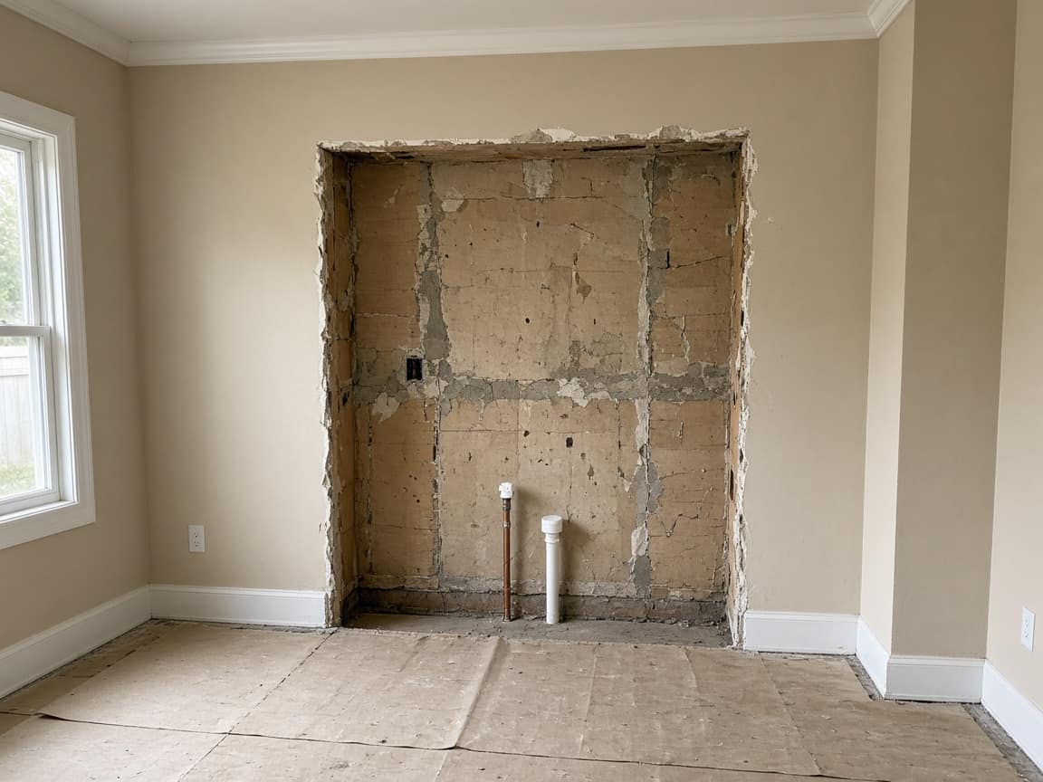 Open wall where the sink was