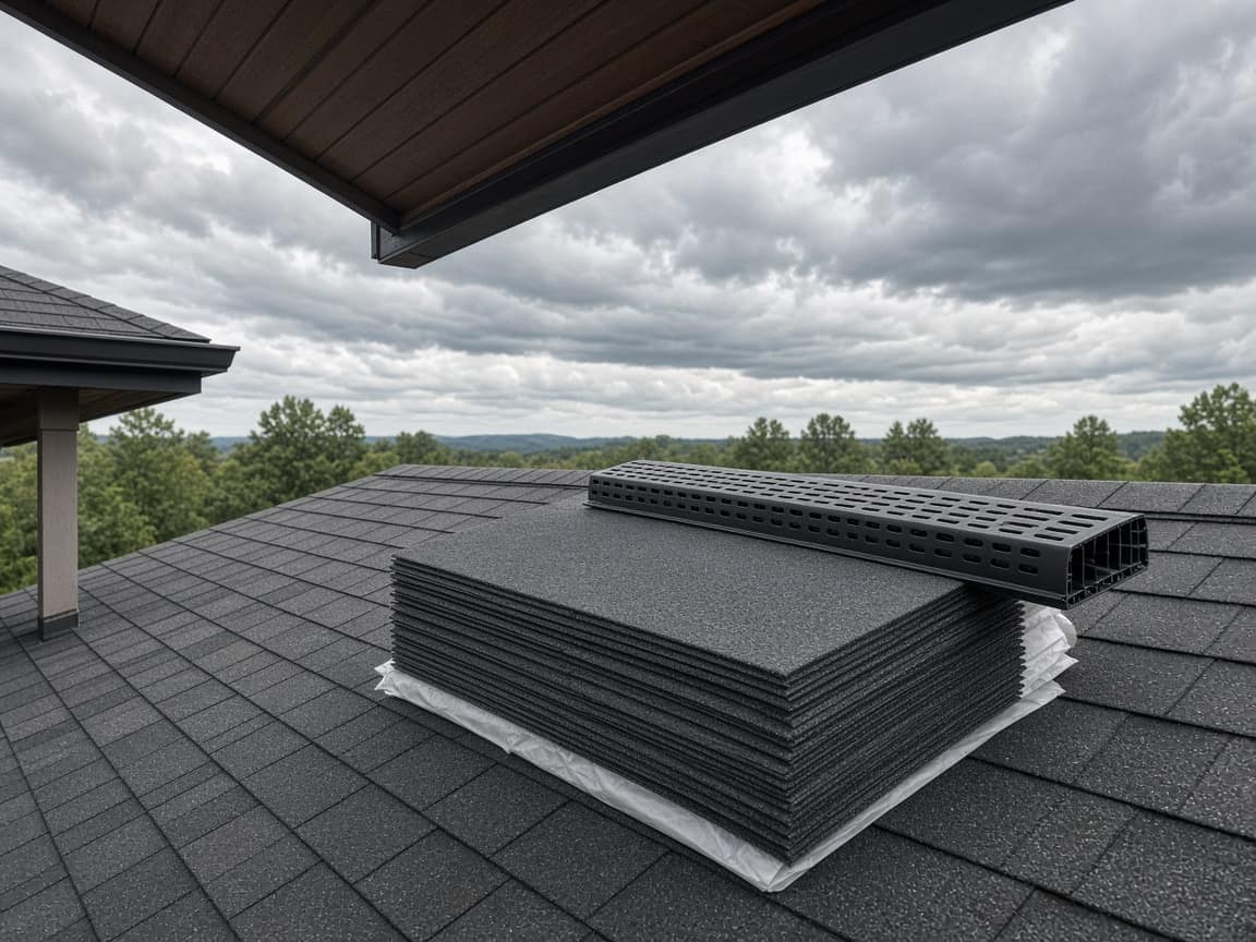 Wrapped shingle bundle waiting on the roof