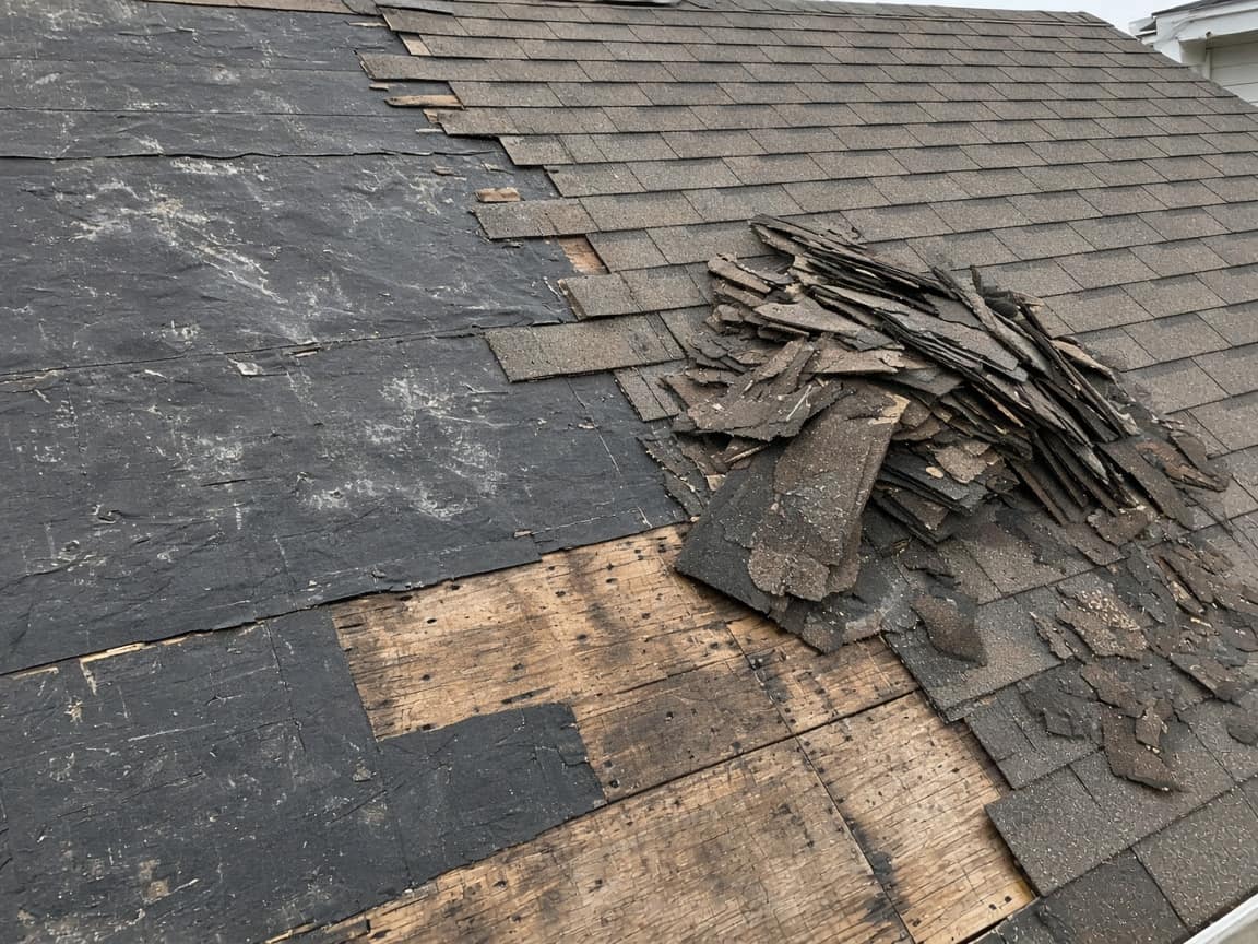 Roof mid tear-off with old shingles piled
